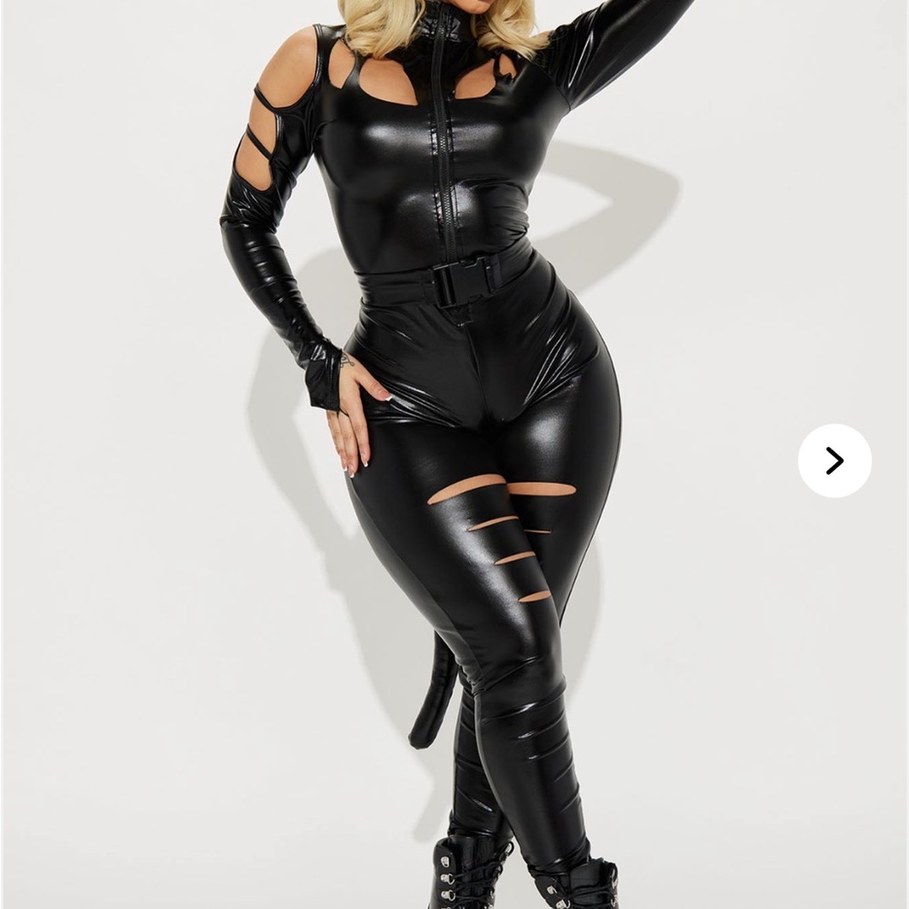 Sexy Black Cat Costume Black Faux Leather Jumpsuit